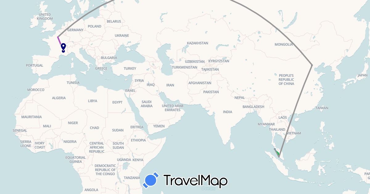 TravelMap itinerary: driving, bus, plane, train, boat in China, France, Malaysia (Asia, Europe)